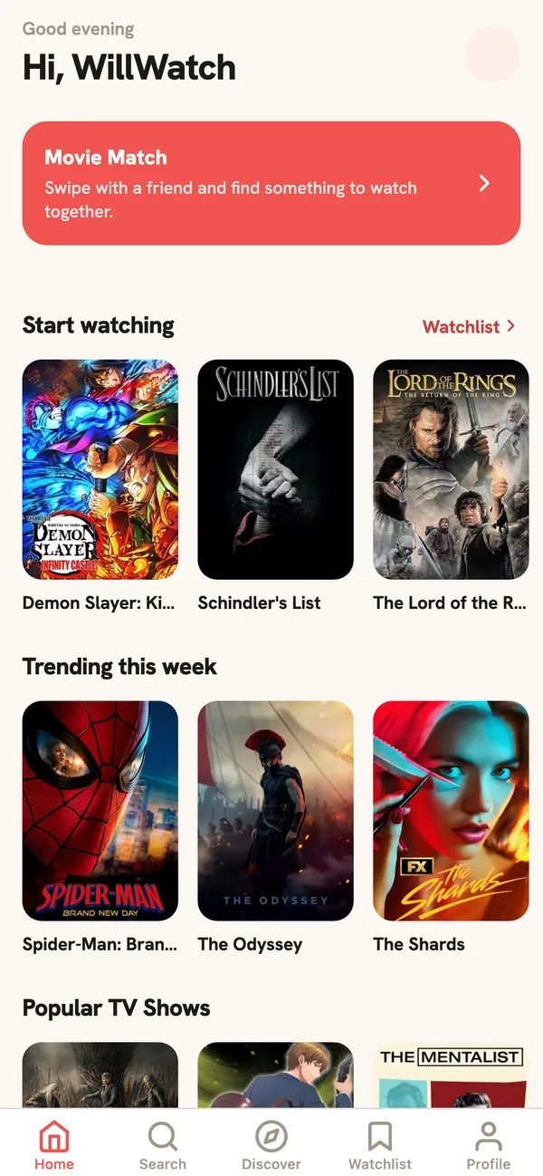 The Will Watch home screen with a watchlist