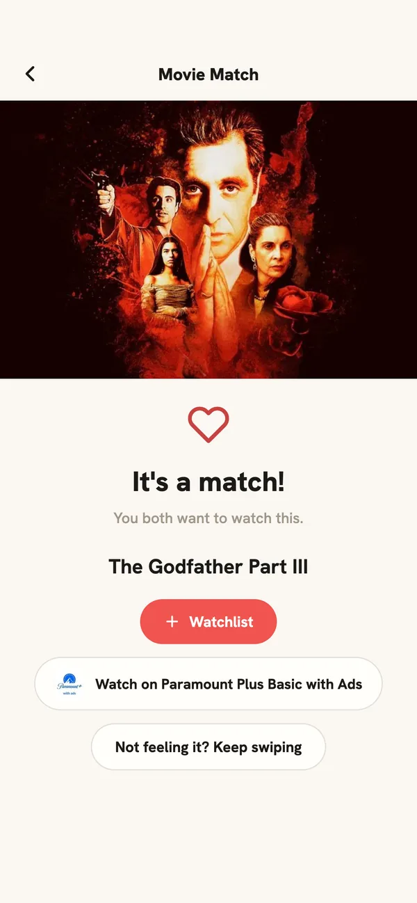 A Movie Match result screen showing a matched title