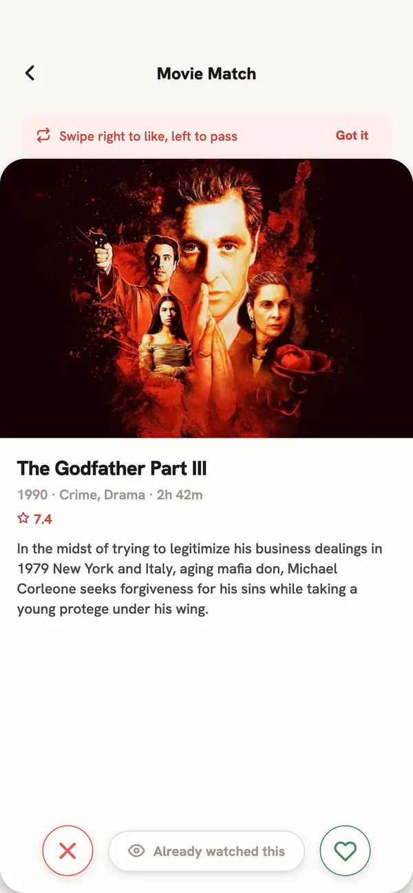 Swiping on a title in Movie Match