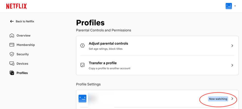 Netflix Profiles page with a profile highlighted