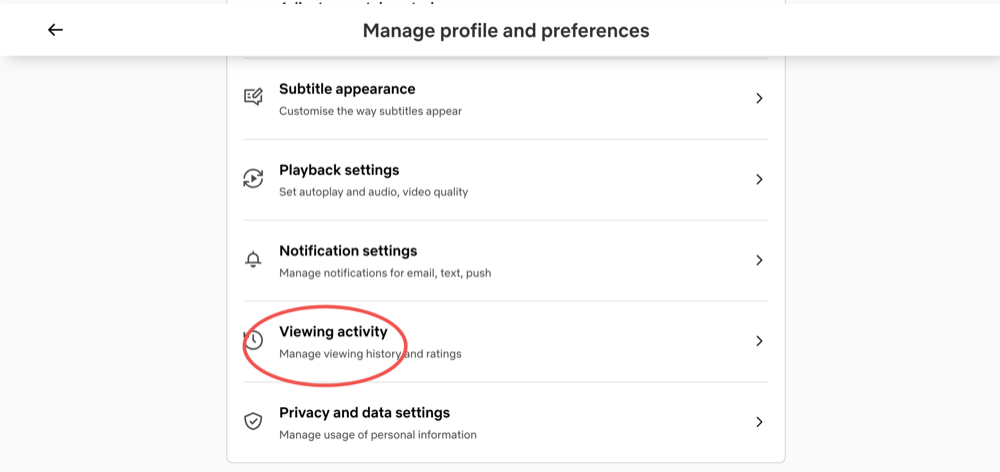 Netflix profile settings with Viewing activity highlighted