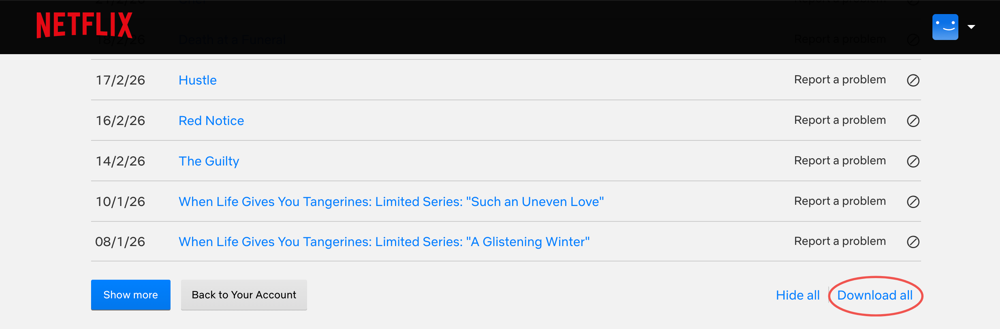 Netflix viewing activity page with Download all highlighted