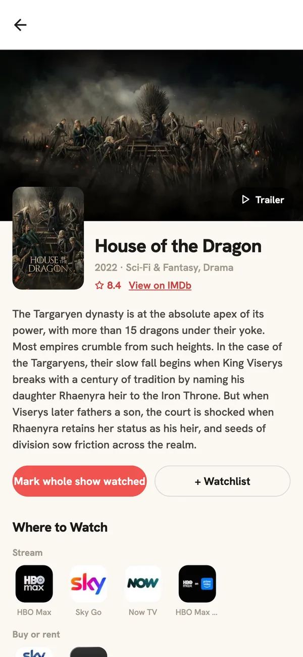 A title detail screen with season and episode tracking